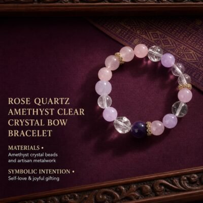 Rose Quartz, Amethyst & Clear Crystal Bow Bracelet