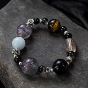 Protection gemstone bracelet with fluorite, obsidian, phantom quartz, tiger’s eye and aquamarine beads