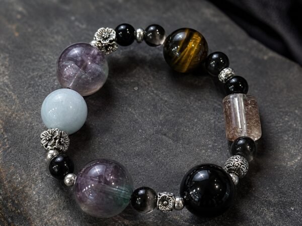 Protection gemstone bracelet with fluorite, obsidian, phantom quartz, tiger’s eye and aquamarine beads