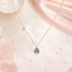 Cancer rose gold crystal zodiac necklace with clear faceted crystal and Cancer glyph