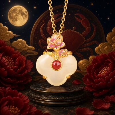 Cancer peony necklace pendant in gold-tone S925 sterling silver with white chalcedony and red agate