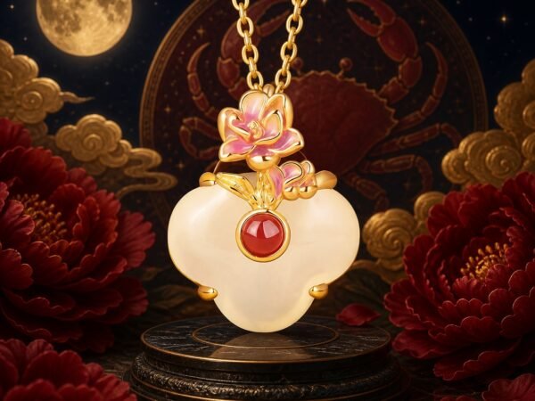 Cancer peony necklace pendant in gold-tone S925 sterling silver with white chalcedony and red agate