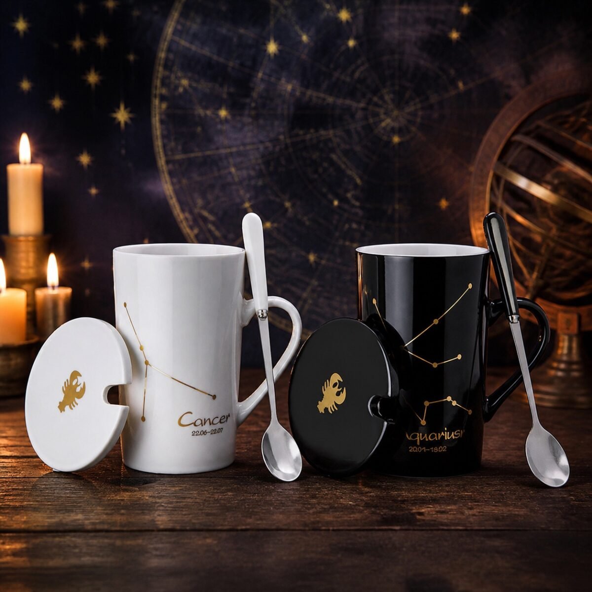 Cancer Ceramic Mug Set with gold-fired constellation design, ceramic lid, and spoon