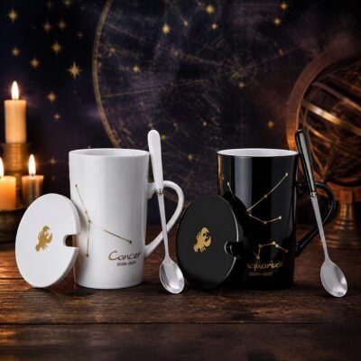 Cancer Ceramic Mug Set with gold-fired constellation design, ceramic lid, and spoon