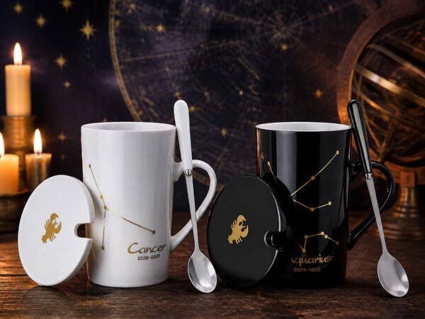 cancer-zodiac-constellation-ceramic-mug-set-01-black-white-pair Cancer Ceramic Mug Set with gold-fired constellation design, ceramic lid, and spoon
