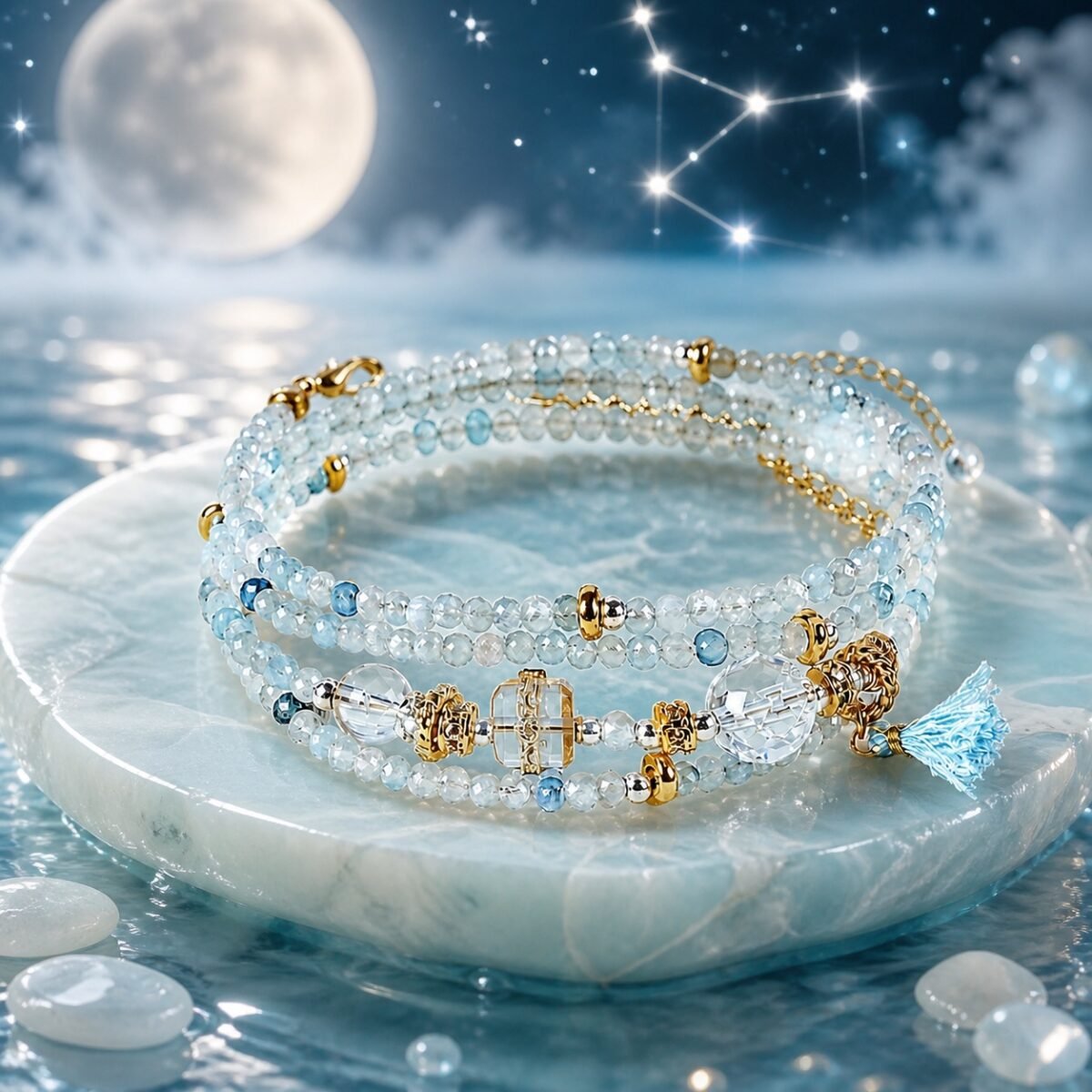 Cancer Wrap Bracelet with natural aquamarine and clear quartz