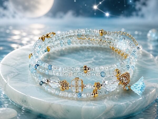 Cancer Wrap Bracelet with natural aquamarine and clear quartz