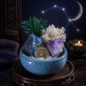 Cancer Crystal Micro-Landscape Desk Decor with labradorite, amethyst, clear quartz, botanical accents, and zodiac medallion