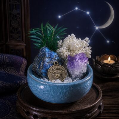 cancer-zodiac-crystal-micro-landscape-desk-decor-01-main Cancer Crystal Micro-Landscape Desk Decor with labradorite, amethyst, clear quartz, botanical accents, and zodiac medallion