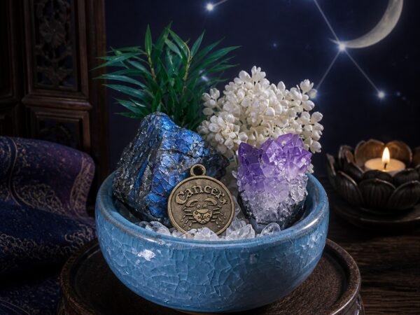 Cancer Crystal Micro-Landscape Desk Decor with labradorite, amethyst, clear quartz, botanical accents, and zodiac medallion