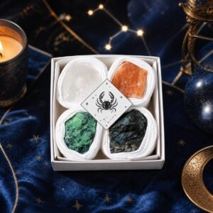 Cancer Four Raw Crystal Gift Set with clear quartz, sunstone, ruby in zoisite, and labradorite