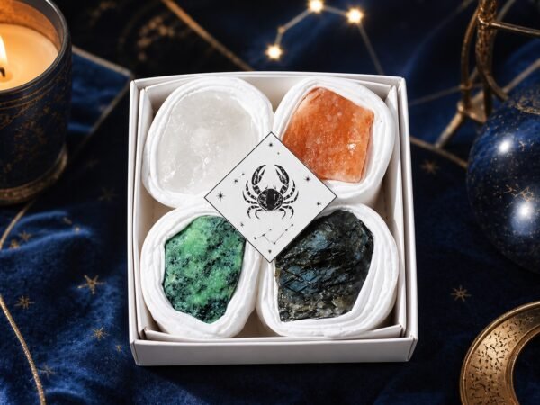 Cancer Four Raw Crystal Gift Set with clear quartz, sunstone, ruby in zoisite, and labradorite
