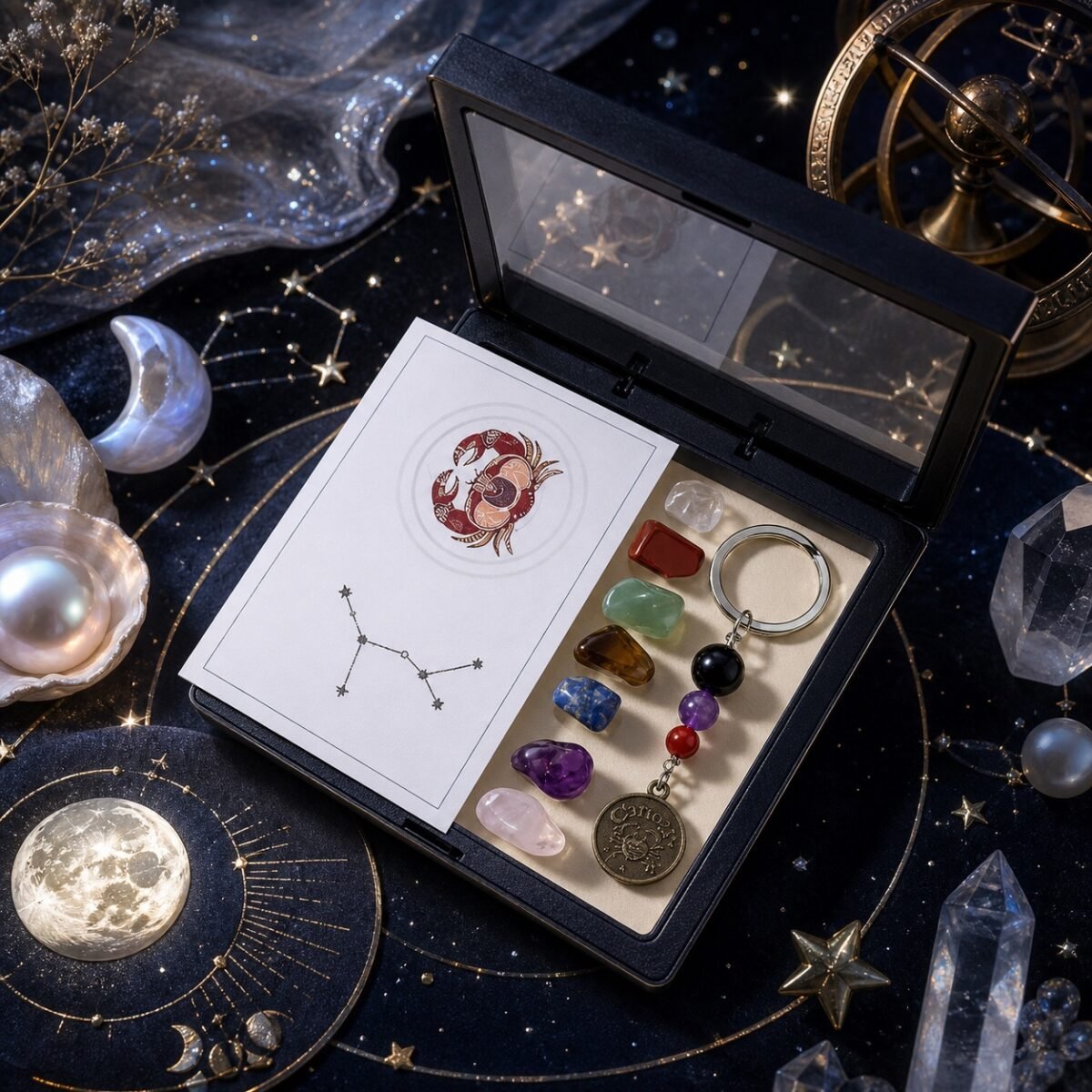Cancer Seven Chakra Crystal Keychain with seven raw stones, three accent beads, and brass-tone medallion