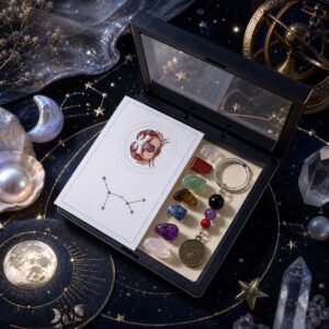Cancer Seven Chakra Crystal Keychain with seven raw stones, three accent beads, and brass-tone medallion