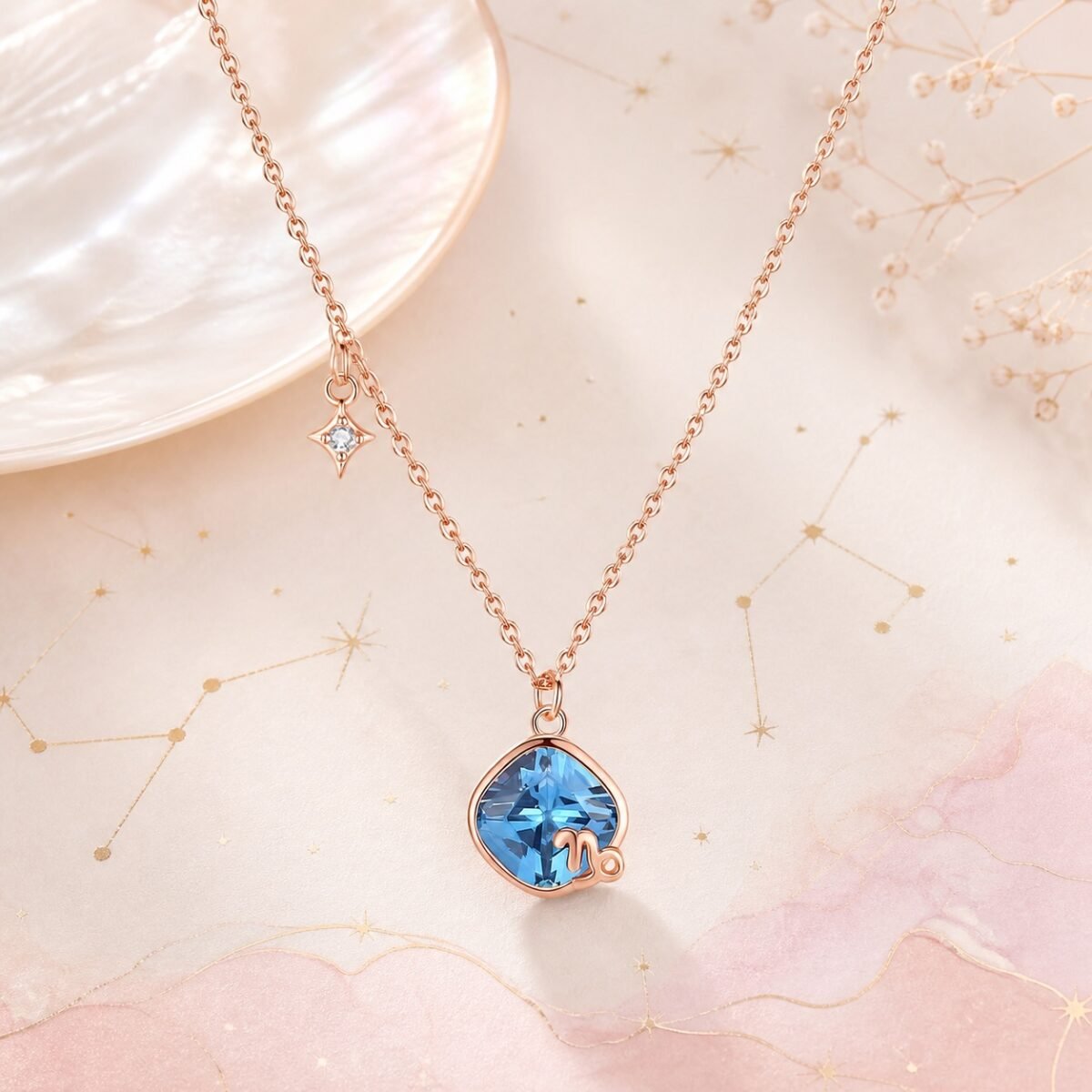 Capricorn rose gold crystal zodiac necklace with sky-blue crystal and Capricorn glyph