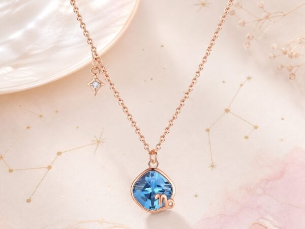 Capricorn rose gold crystal zodiac necklace with sky-blue crystal and Capricorn glyph