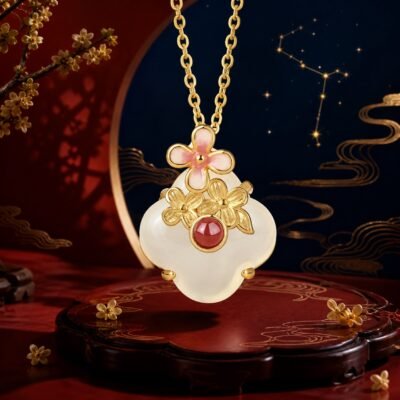 Capricorn osmanthus necklace pendant in gold-tone S925 sterling silver with white chalcedony and red agate