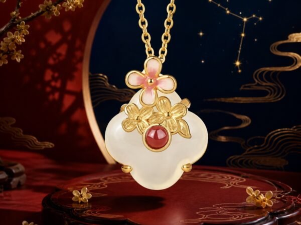 Capricorn osmanthus necklace pendant in gold-tone S925 sterling silver with white chalcedony and red agate