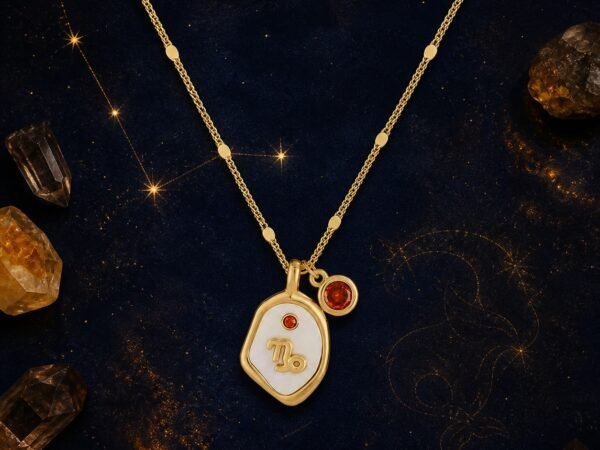 Capricorn Garnet Necklace with pearlescent zodiac medallion raised gold-tone glyph and natural garnet charm.
