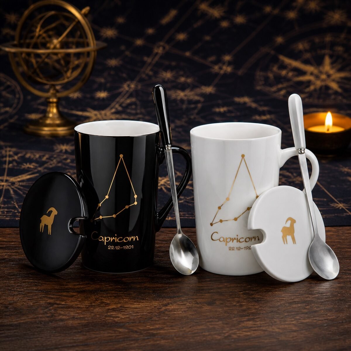 Capricorn Ceramic Mug Set with gold-fired constellation design, ceramic lid, and spoon