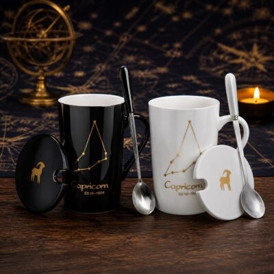 Capricorn Ceramic Mug Set with gold-fired constellation design, ceramic lid, and spoon