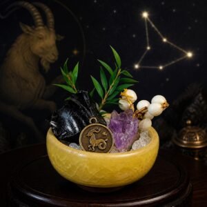 Capricorn Crystal Micro-Landscape Desk Decor with obsidian, amethyst, clear quartz, botanical accents, and zodiac medallion