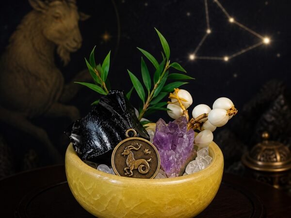 Capricorn Crystal Micro-Landscape Desk Decor with obsidian, amethyst, clear quartz, botanical accents, and zodiac medallion