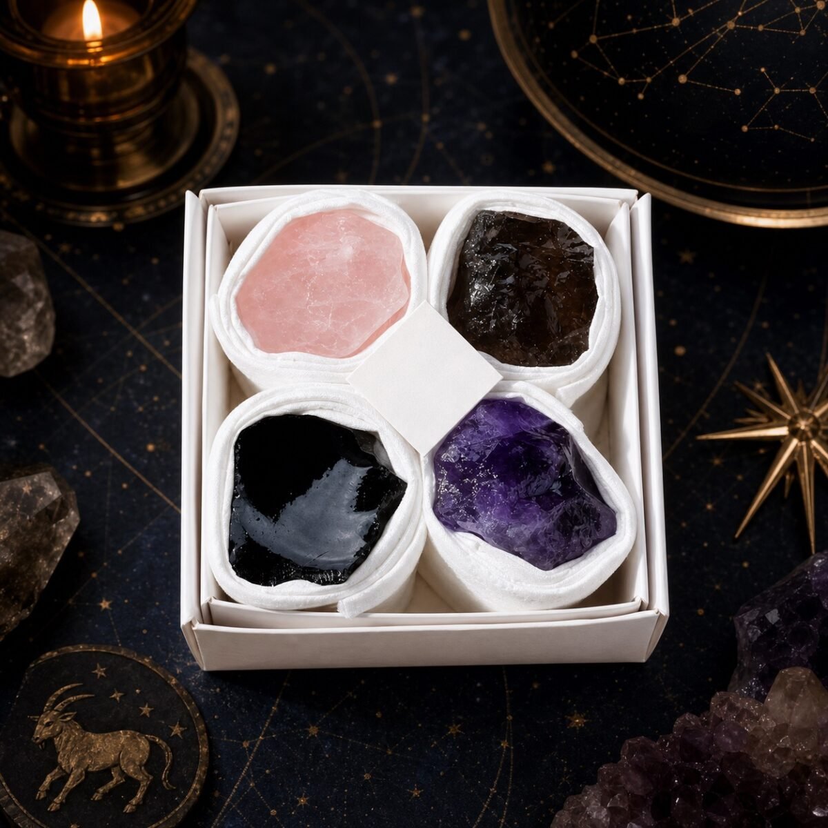 Capricorn Four Raw Crystal Gift Set in a box with four natural raw stones
