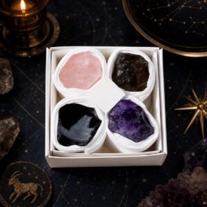 Capricorn Four Raw Crystal Gift Set in a box with four natural raw stones