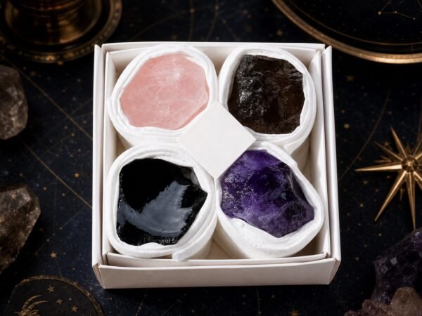 Capricorn Four Raw Crystal Gift Set in a box with four natural raw stones