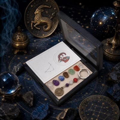 Capricorn Seven Chakra Crystal Keychain with seven raw stones, three accent beads, and brass-tone medallion