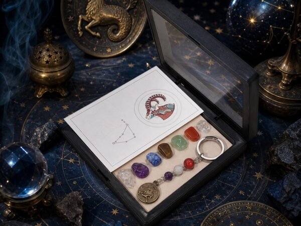 Capricorn Seven Chakra Crystal Keychain with seven raw stones, three accent beads, and brass-tone medallion