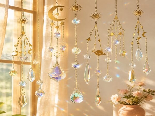 Celestial Crystal Suncatcher with faceted crystal prisms and gold-tone hanging chain