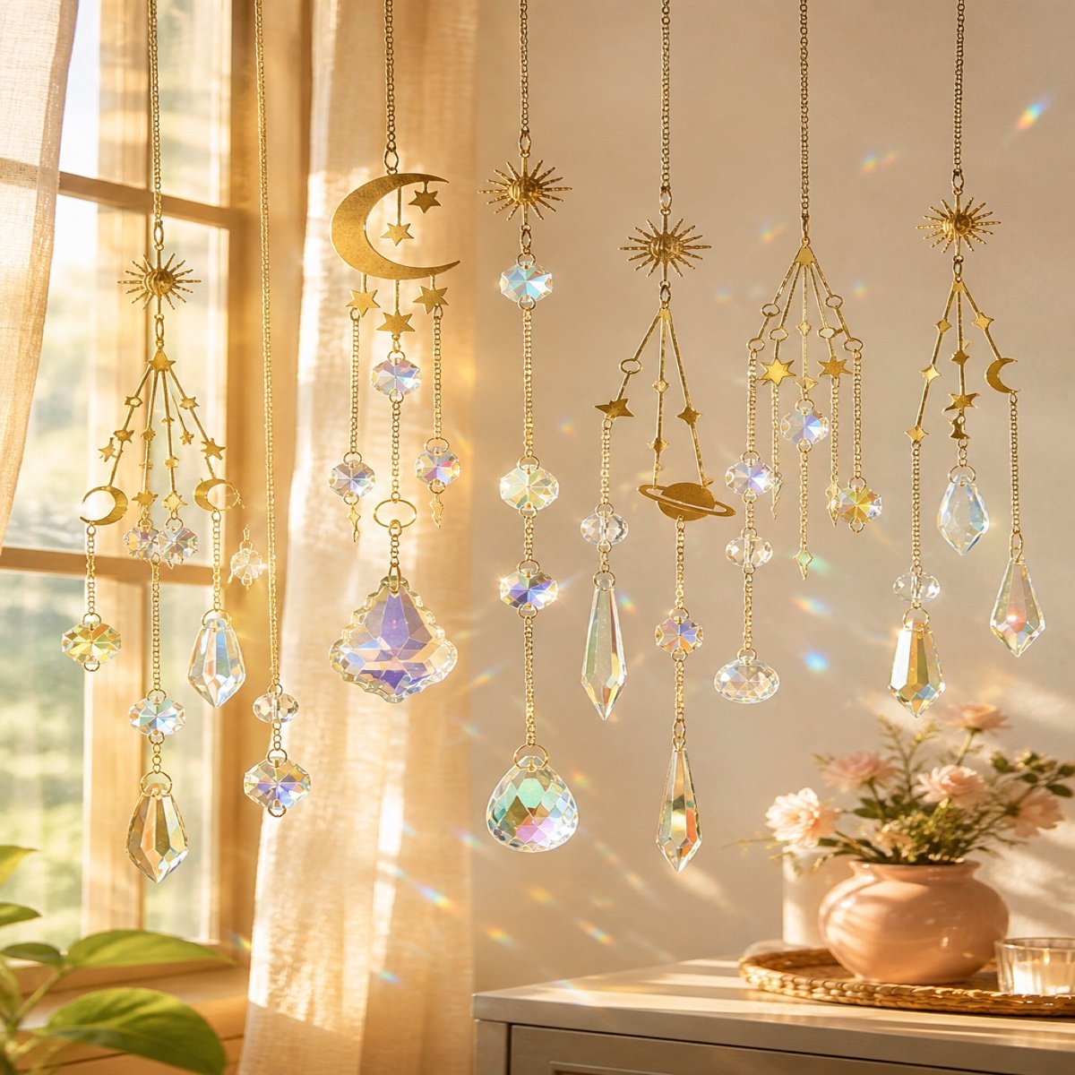 Celestial Crystal Suncatcher with faceted crystal prisms and gold-tone hanging chain