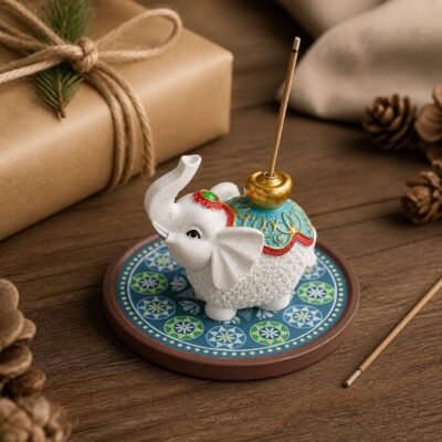Ceramic White Elephant Incense Holder with Mandala Base