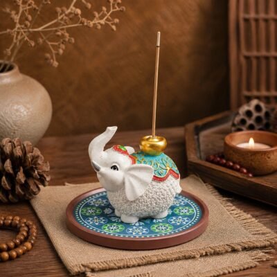 White Elephant Incense Holder with blue-green mandala ceramic base