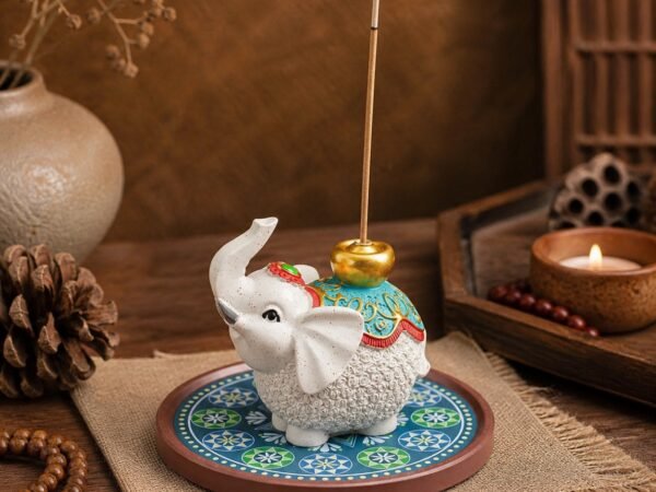 White Elephant Incense Holder with blue-green mandala ceramic base