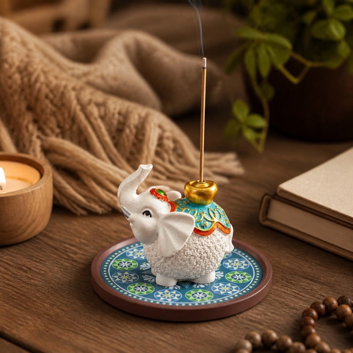 Ceramic White Elephant Incense Holder with Mandala Base