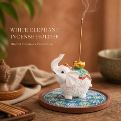 Ceramic White Elephant Incense Holder with Mandala Base