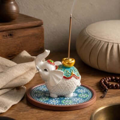 Ceramic White Elephant Incense Holder with Mandala Base