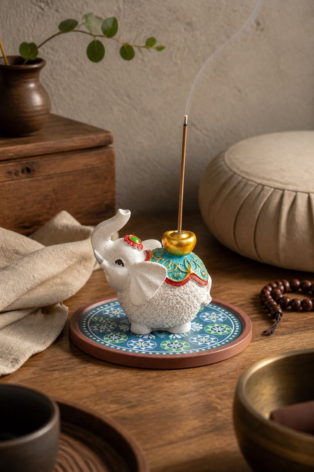Ceramic White Elephant Incense Holder with Mandala Base