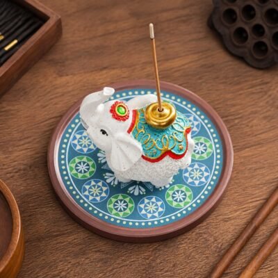 Ceramic White Elephant Incense Holder with Mandala Base