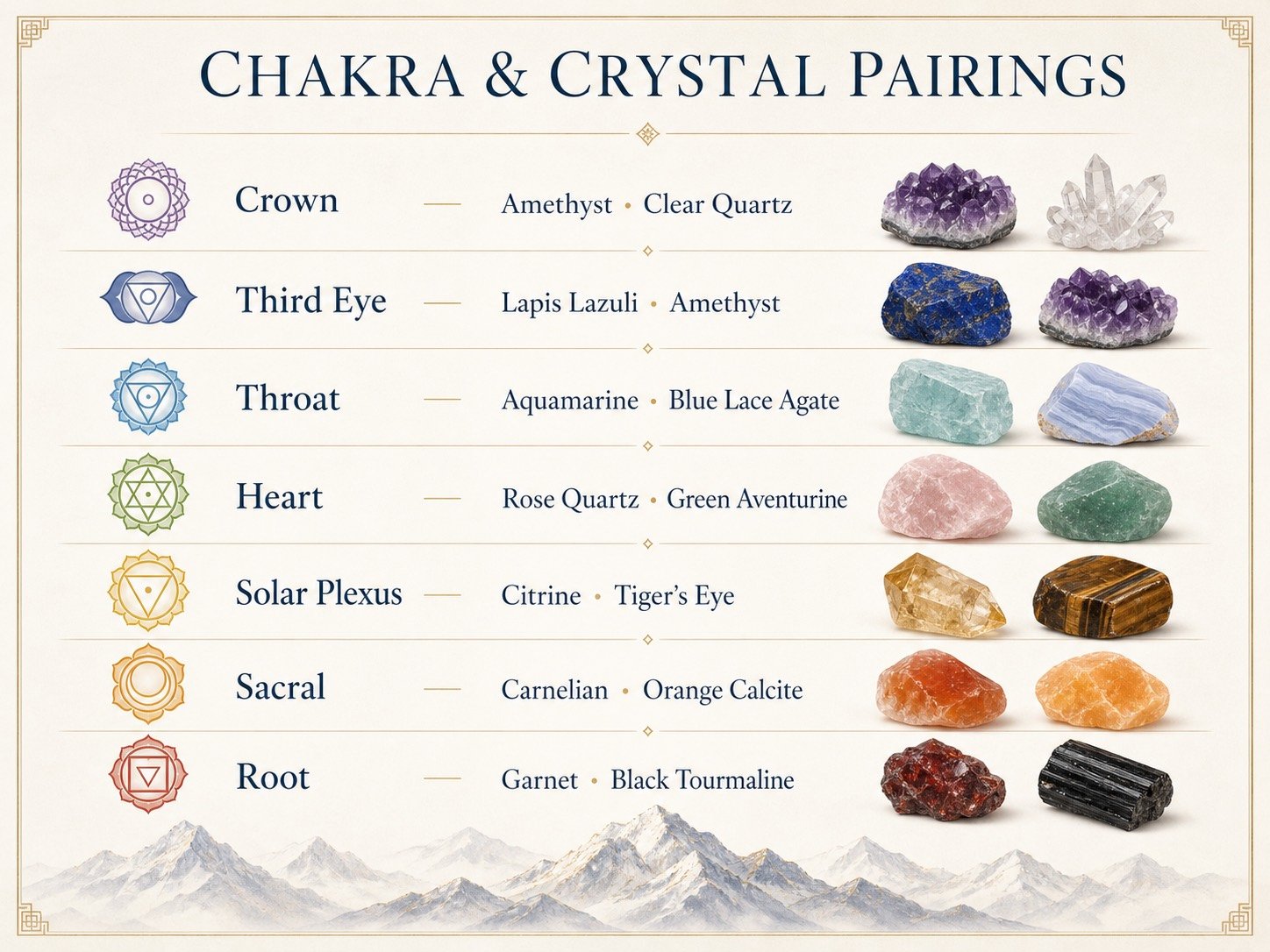 Chakra colors paired with common natural crystals