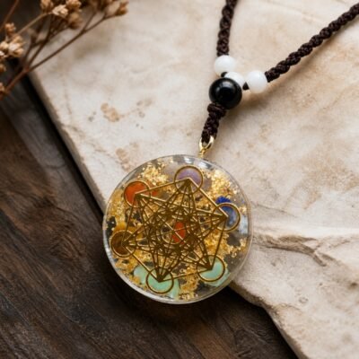 Chakra geometry ritual pendant with seven natural gemstones, gold leaf and clear resin-dome finish
