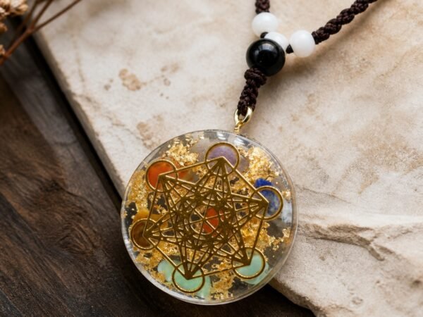 Chakra geometry ritual pendant with seven natural gemstones, gold leaf and clear resin-dome finish