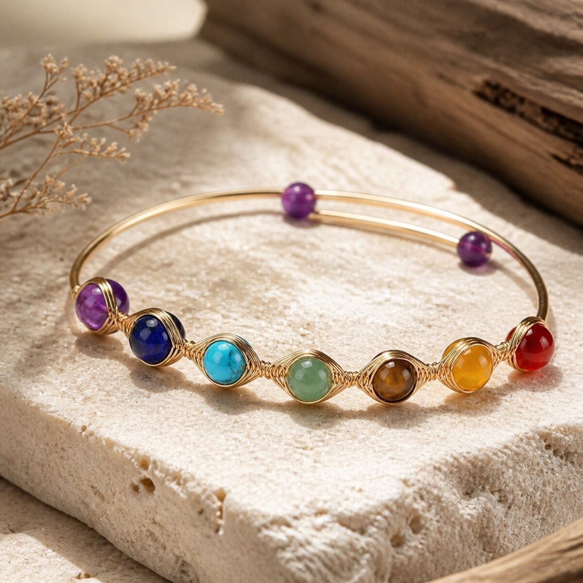 Spectrum wire wrapped bangle in soft gold-tone metal with seven colourful agate stones