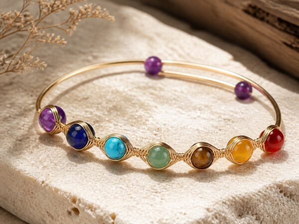 Spectrum wire wrapped bangle in soft gold-tone metal with seven colourful agate stones