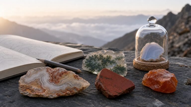 Agate, jasper, carnelian, and a field notebook arranged in a Himalayan mountain landscape