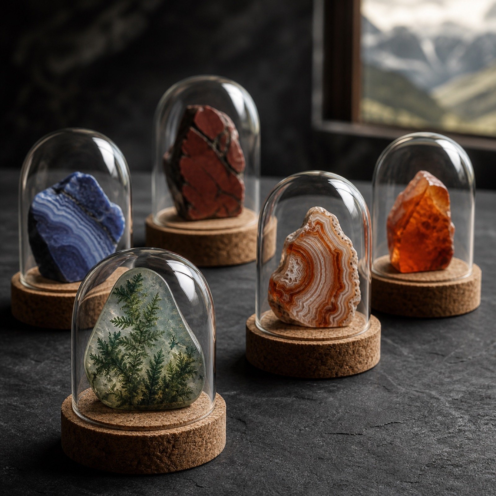 Chalcedony ritual: varied chalcedony, jasper, and carnelian specimens under small glass domes