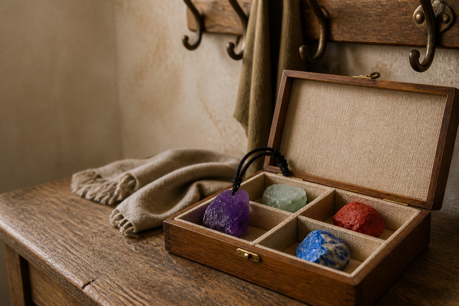 Crystal pendants and small stones arranged by colour and form in presentation boxes